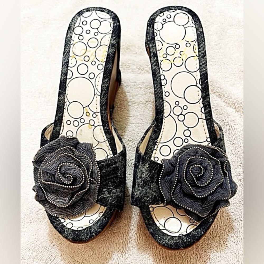 JL - Jean Slip on Slide High Wedge Sandals with a bow